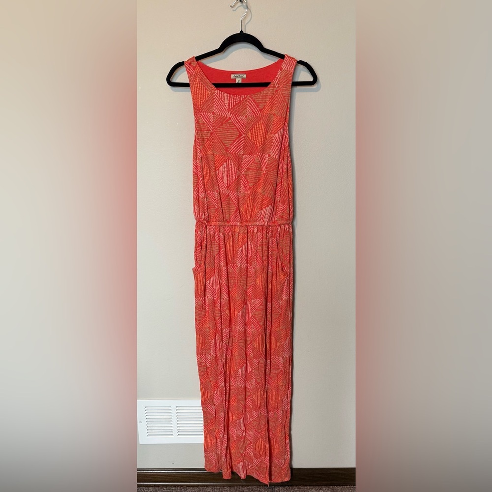 Lucky Brand Orange Maxi Dress Sleeveless Geometric Pockets Slit Womens Med Boho